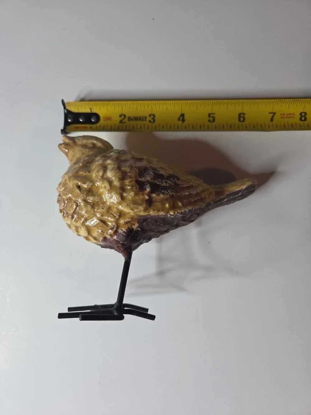 Vintage Primitive Ceramic Bird Figurine Yellow Glazed Textured Body w/wire Legs